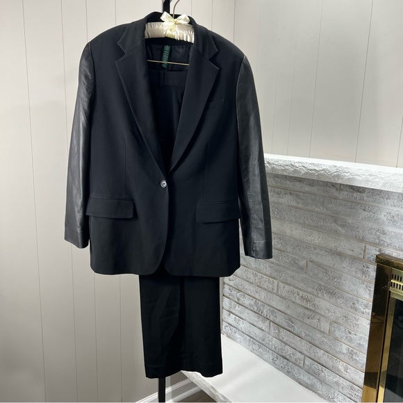 Lauren Ralph Lauren Womens Black Pc Suit Leather Sleeve Blazer